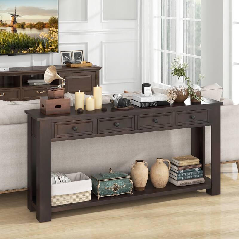 Gymax 63'' Farmhouse Entryway Table with 4 Storage Drawers and Open