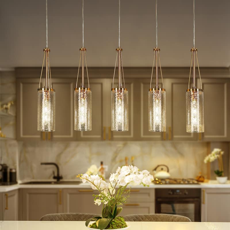 Modern 5-Light Gold Cylinder Glass Chandelier Linear Island Lights for Dining Room - L41.3" x H82.2" Max