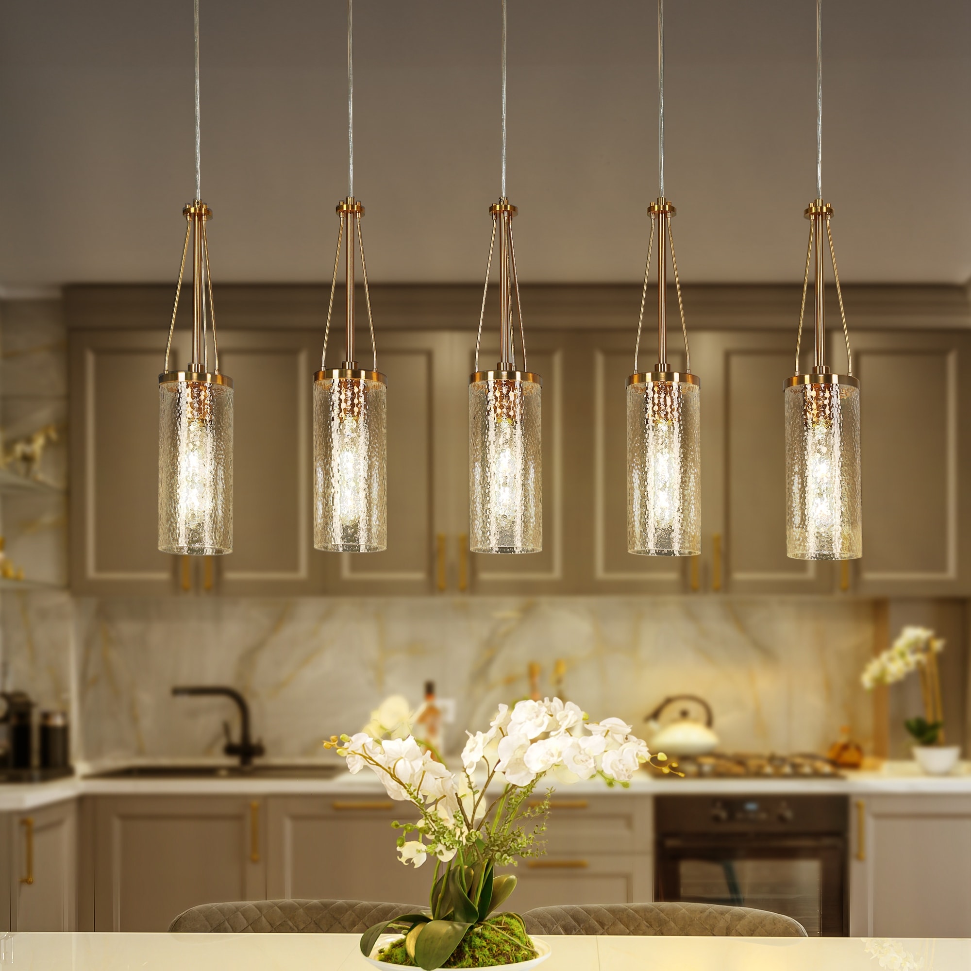 LALUZ Modern 5-Light Gold Cylinder Glass Chandelier Linear Island Lights for Dining Room - L41.3" x H82.2" Max