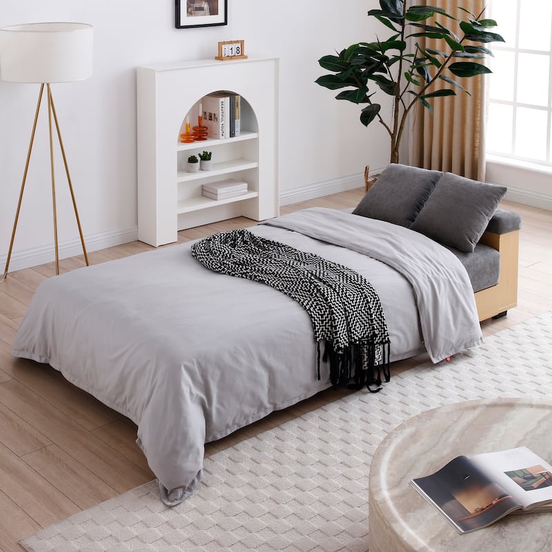 Convertible Sleeper Sofa Bed, Loveseat Couch with Storage Ottoman, Reversible Armrest Box & Drawer, Drop-Down Table, Cup Holders