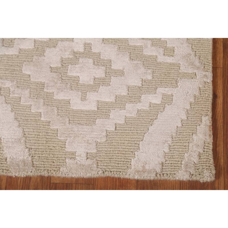 Beige Geometric Nepalese Oriental Area Rug Handmade Wool Carpet - 6'1" x 8'11"