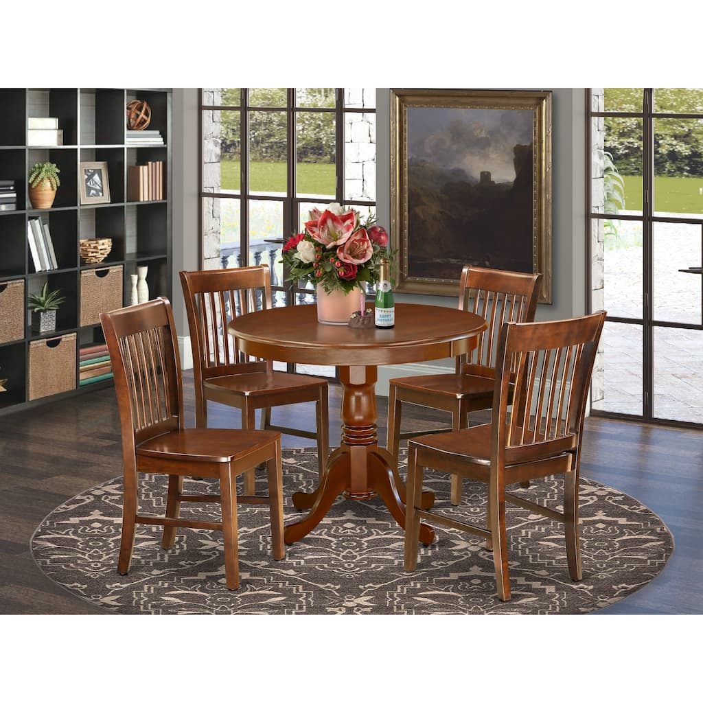 Dining Set - Round 36 Inch Table and Wood Seat Chairs Kitchen Set in Mahogany Finish (Pieces Option)