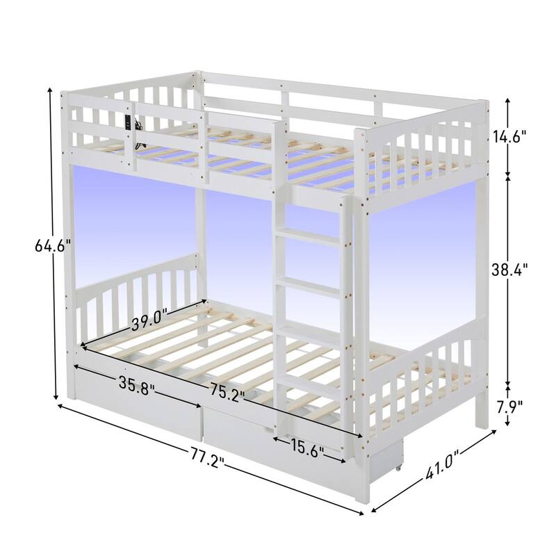 Solid Wood Twin-over-Twin Convertible Bunk Bed with 2 Drawer, White