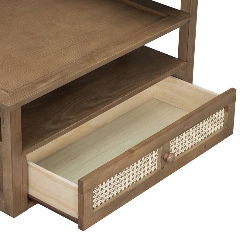 38.5" Coffee Table with Rattan Drawer, Dual Tops & Storage Shelf