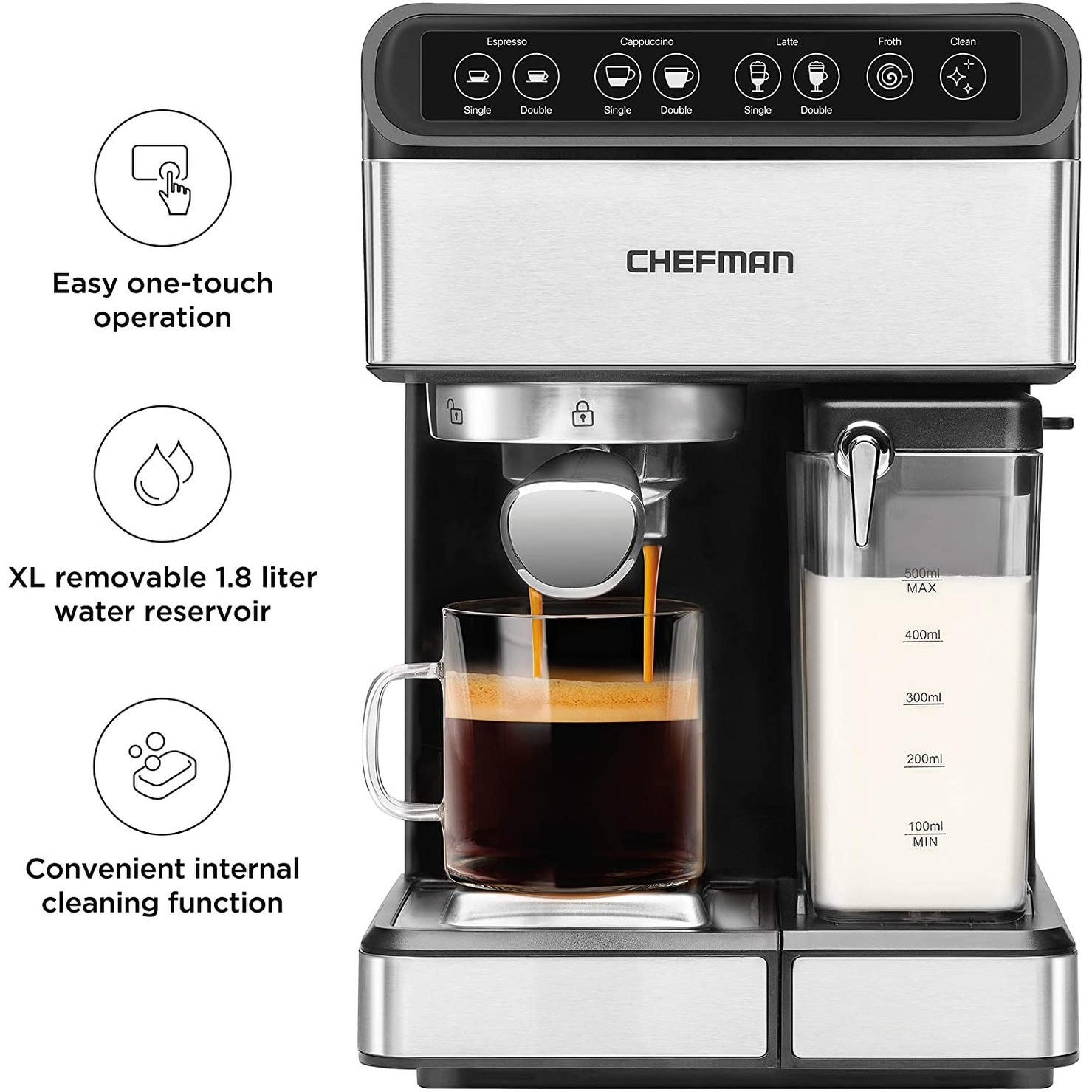 Chefman 1-2 Cup Stainless Steel Espresso Machine with Steamer 6 in