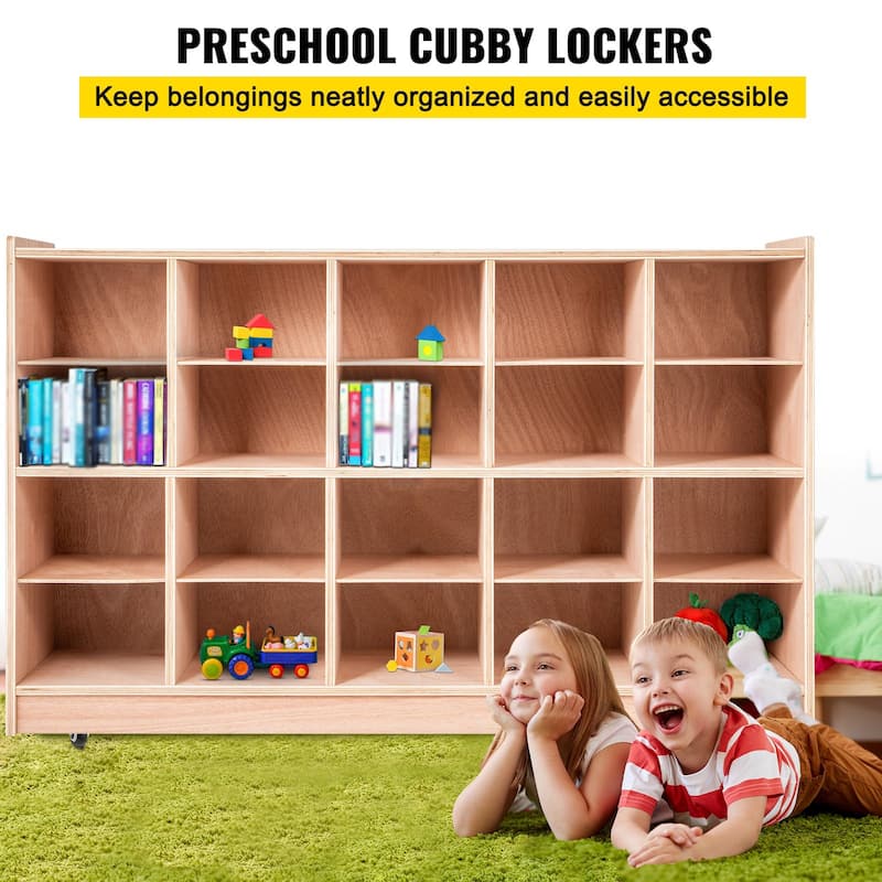 Kids Wooden Storage Cubby with 20 Compartments and Natural Finish Birch Plywood Organizer - 48 x 12 x 30.3 Inch
