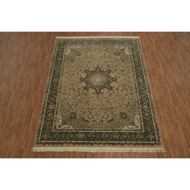 Hand Knotted Oriental Wool & Silk Carpet Traditional Floral Green Aubusson Area Rug - 12' 0'' X 9' 0''