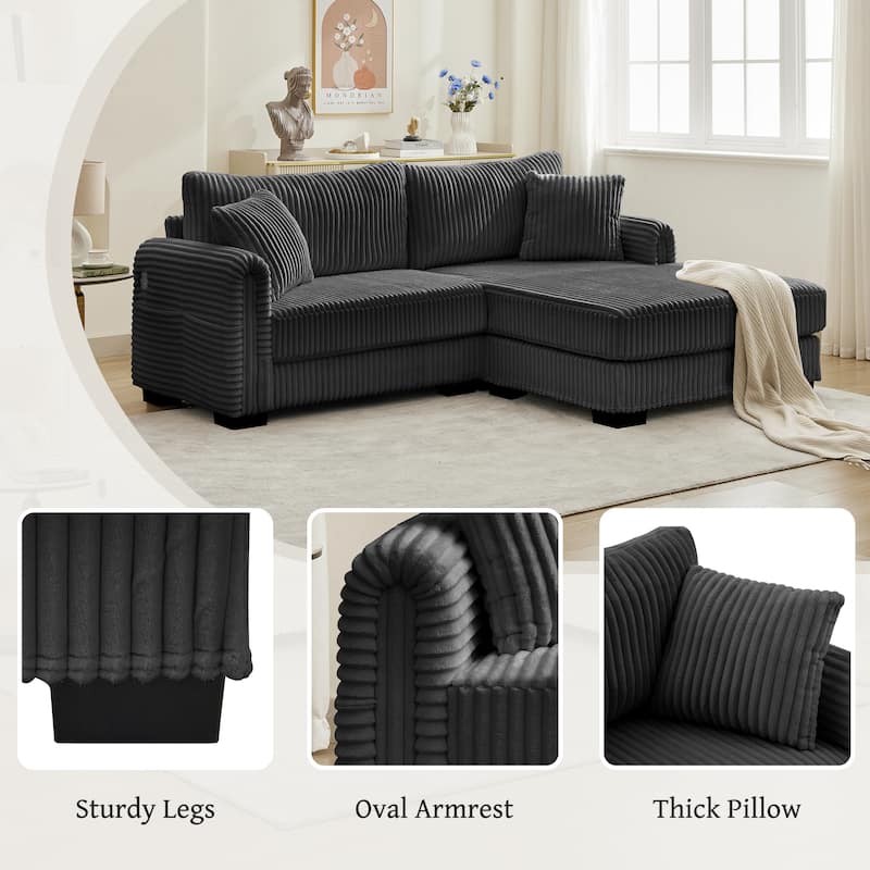 L-Shaped Sofa, 2 Seater Modular Sectional Sofa with Convertible Chaise, USB Ports, Corduroy Couch with Oversized Side Pocket