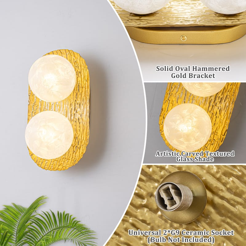 2-Light Textured Gold Metal Wall Sconce Frosted Crackled Glass Globe