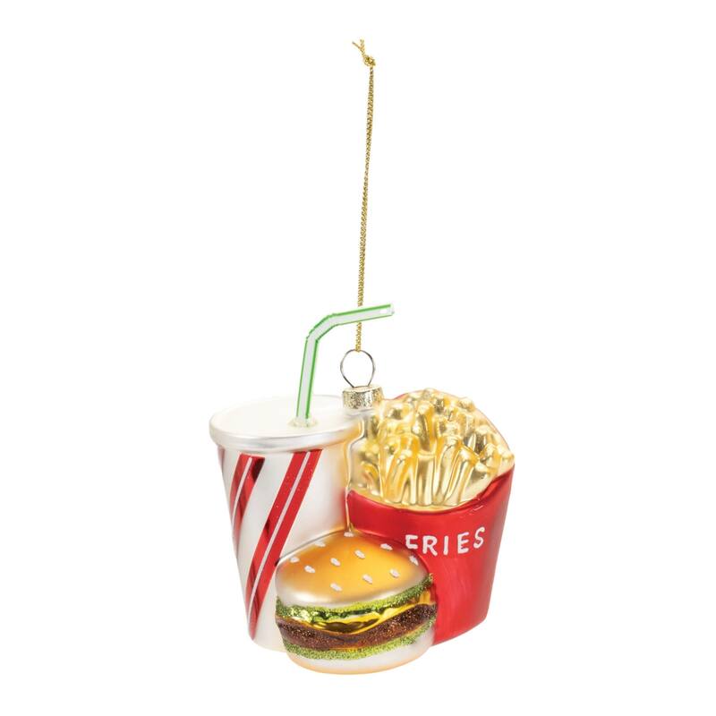 Burger and Fries Meal Glass Christmas Ornaments - 4.5" - Red and Gold - 4ct