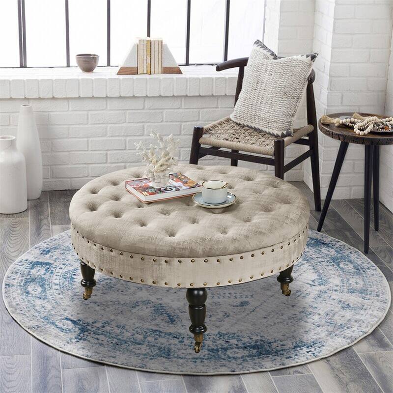 Round Velvet Tufted Coffee Table Ottoman, 34" x 34" x 17" H