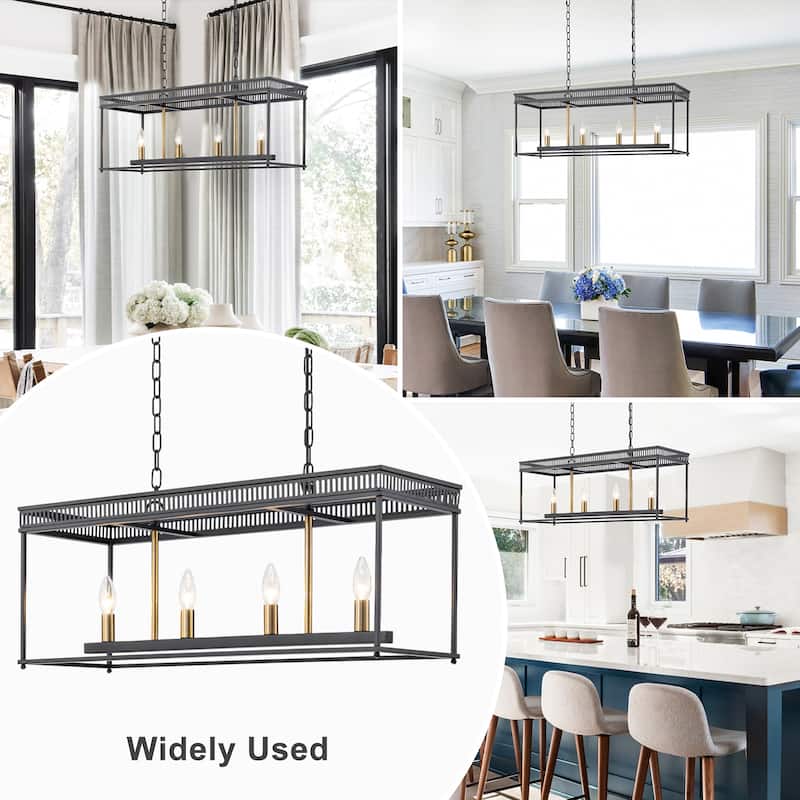 4-Light Black Industrial Rectangular Caged Chandelier Kitchen Island - Dia.29.92-in