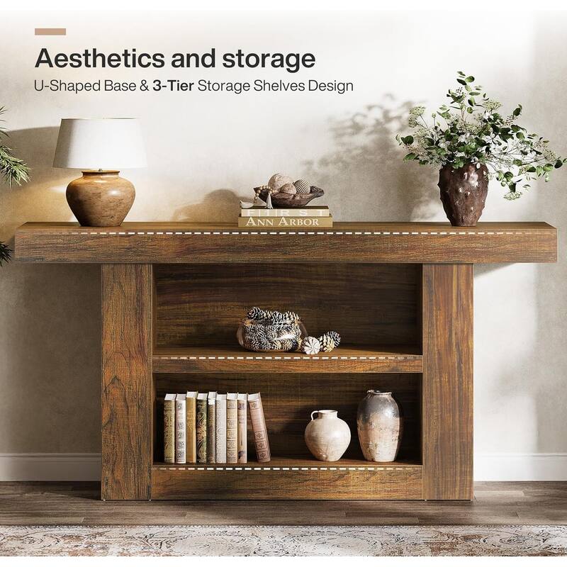 63-Inch Console Table, 3-Tier Farmhouse Entryway Table with U-Shaped Base for Entrance, Hallway, Living Room Foyer, Brown