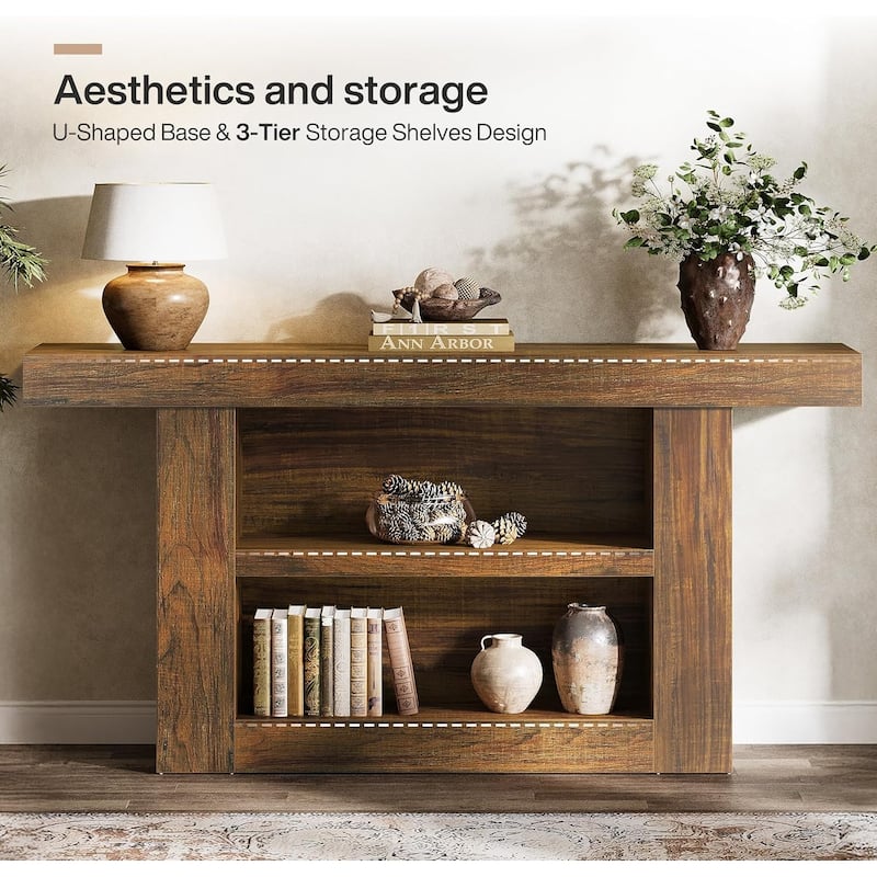 63-Inch Console Table with Storage, 3-Tier Farmhouse Entryway Table with U-Shaped Base