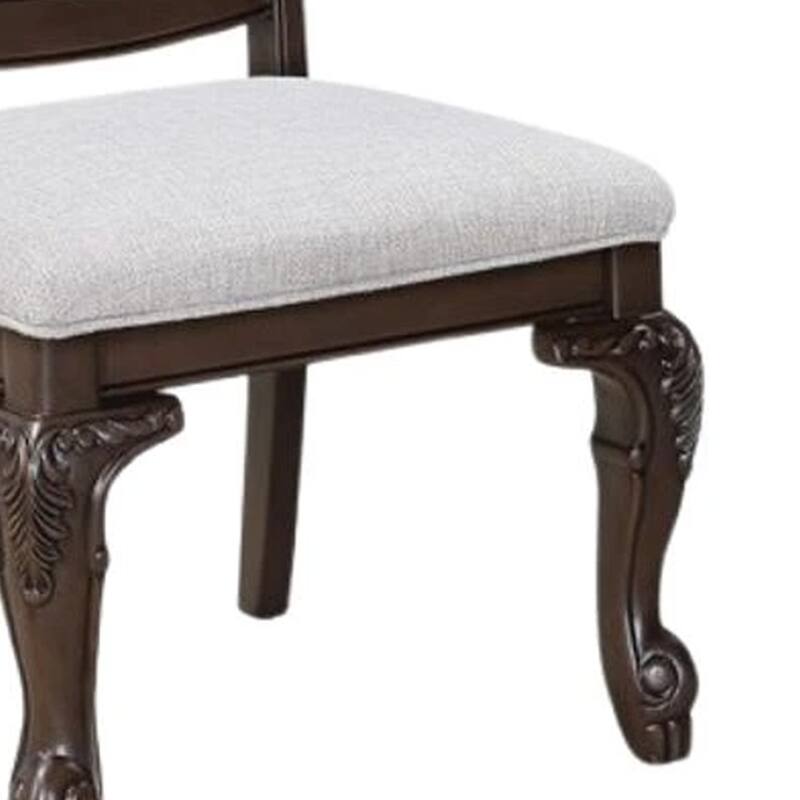 Side Dining Chair Set of 2, Beige Linen, Scrolled Coffee Brown Wood