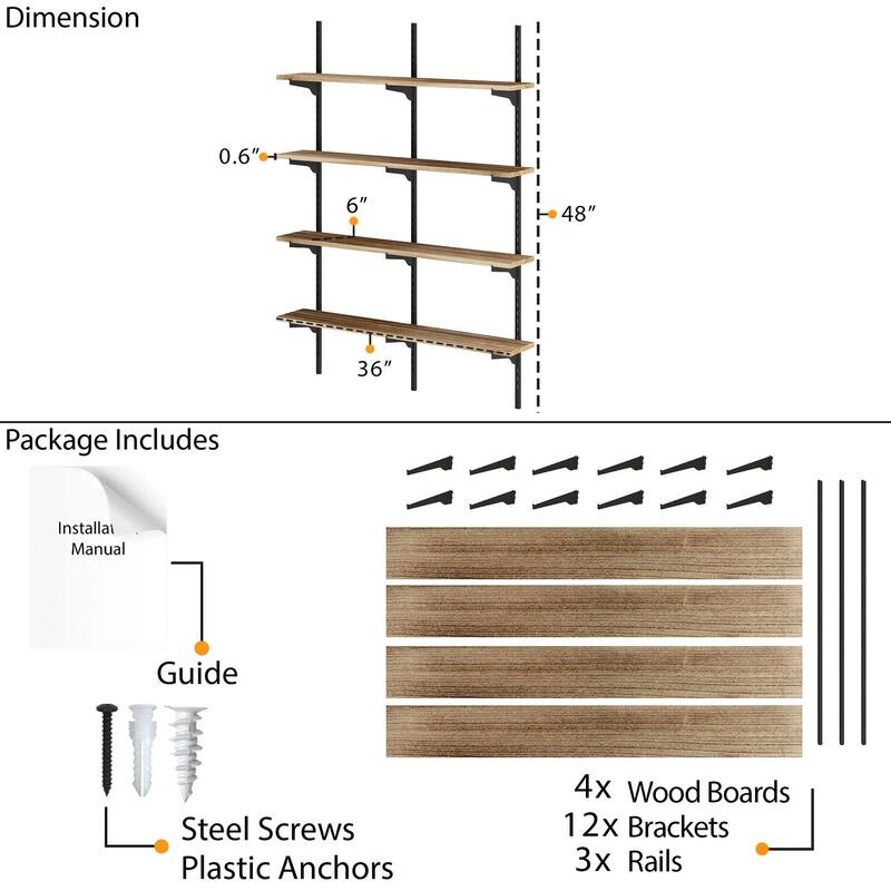 Wallniture Turin 36" Floating Bookhelves with Adjustable Brackets, Real Wood Shelves, Farmhouse Decor, Wall Mounted,Tier Options