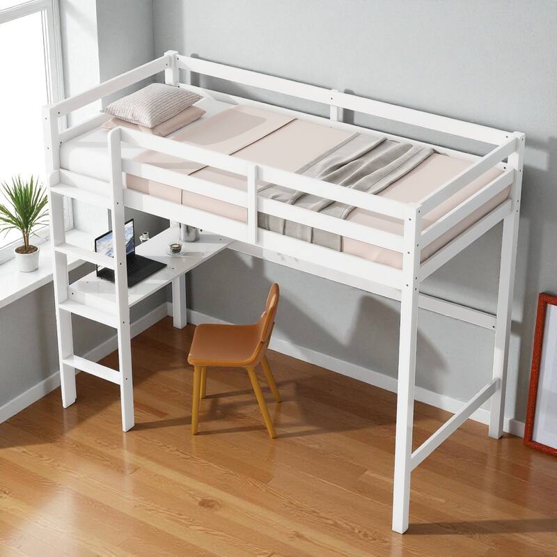 Twin Size Wooden High Loft Bed with Built-in Desk and Ladder, Solid Rubber Wood Loft Bed with Safety Guardrails