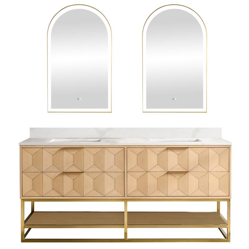 Milagro Bath Vanity with White Quartz Stone Top and Mirror - 72in. - Brushed Gold Base