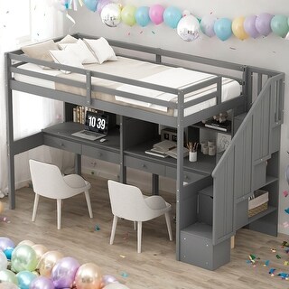 Twin Size Loft Bed with Storage Staircase and Double Desks and Shelves