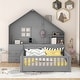 preview thumbnail 29 of 37, Wooden Floor Platform Bed with House Shape Storage Wingback Headboard, House Bed with USB, Window and Bedside Drawers