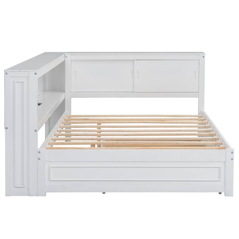 Full Size Daybed with Bookcase Headboard and Trundle, Wooden Platform Bed Frame with Storage Shelves, Charging Station, LED