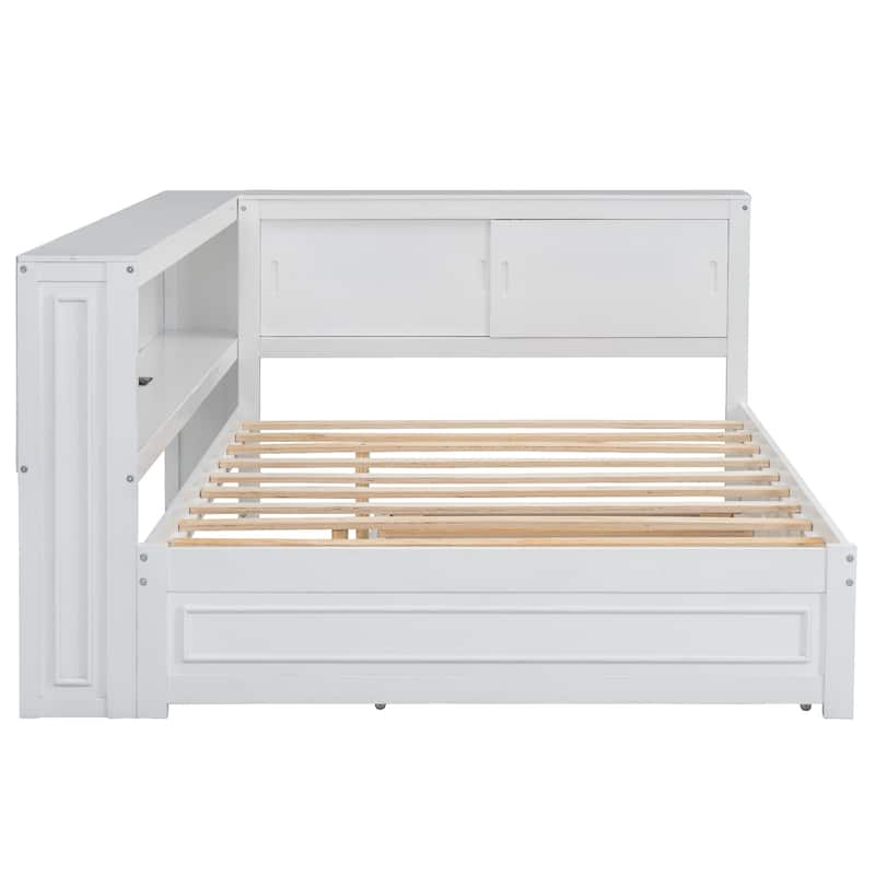 Full Size Daybed with Storage Shelves, USB Charging, LED Lights, and Twin Trundle (600lb Capacity)