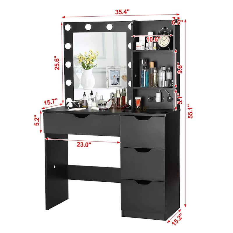 White Makeup Vanity Desk with Mirror and Lights - 15.2"D x 35.4"W x 55.1"H