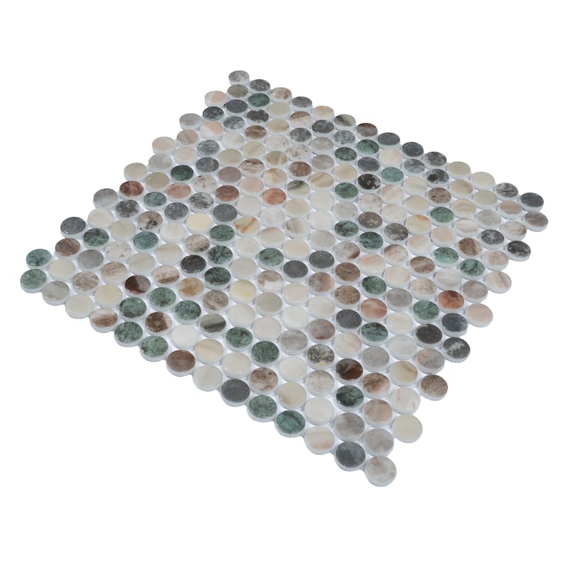 Lucenza 12x12 in. Green Beige Matte Recycled Glass Penny Round Mosaic Wall and Floor Tile (10.56 sq ft/case, 12-Pack)