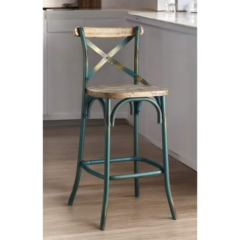 20.5" High Metal Frame Kitchen Bar Stool with Rustic Brown Wood Seat and Sky-Blue Legs Full Back - 43”H x 18”W x 20”D