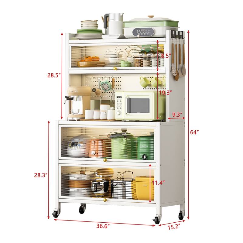 65'' Tall Kitchen Bakers Rack with Flip Door Cabinet, 5 Tier Microwave Stand Coffee Bar with Pegboard Hooks