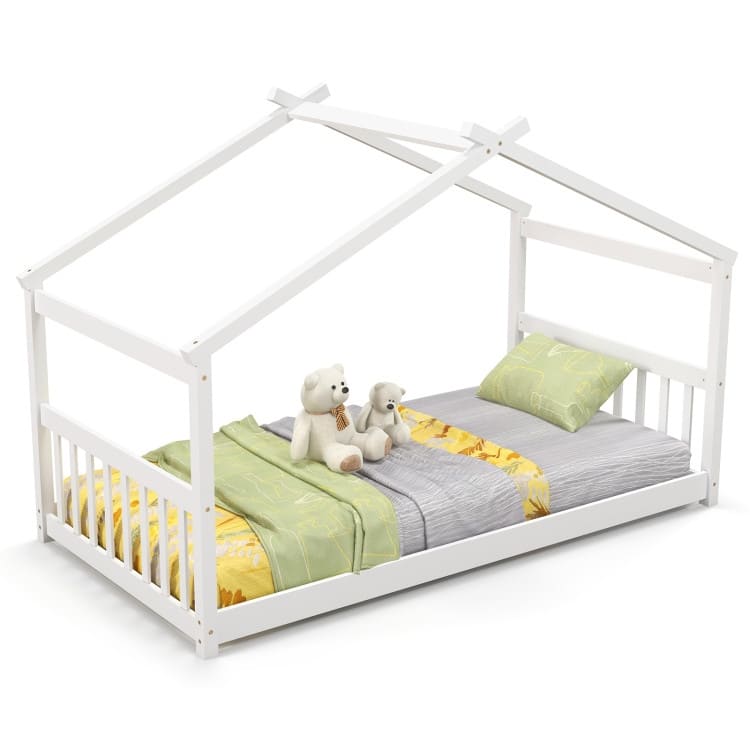 Twin House Bed Frame for Kids with Roof Design and Wood Slat Support