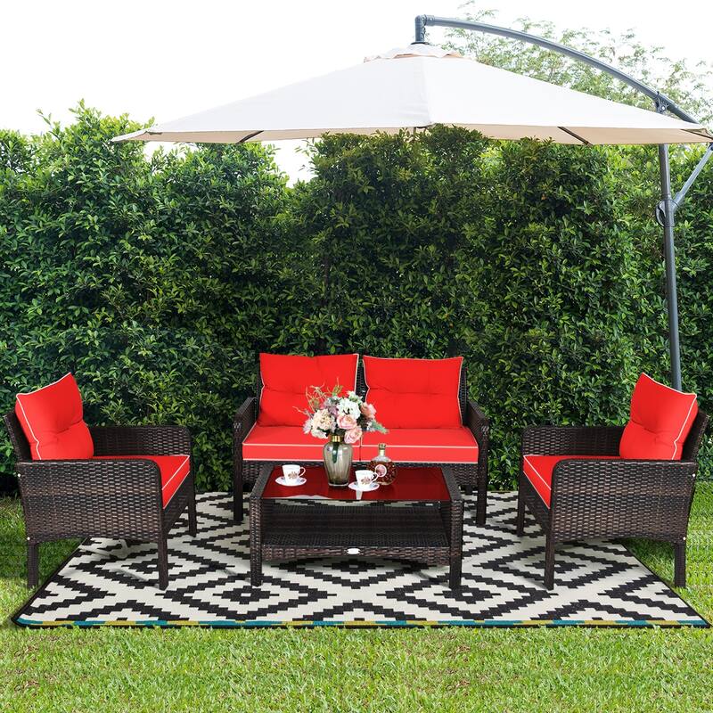Costway 4PCS Patio Rattan Furniture Set Loveseat Sofa Coffee Table - See Details