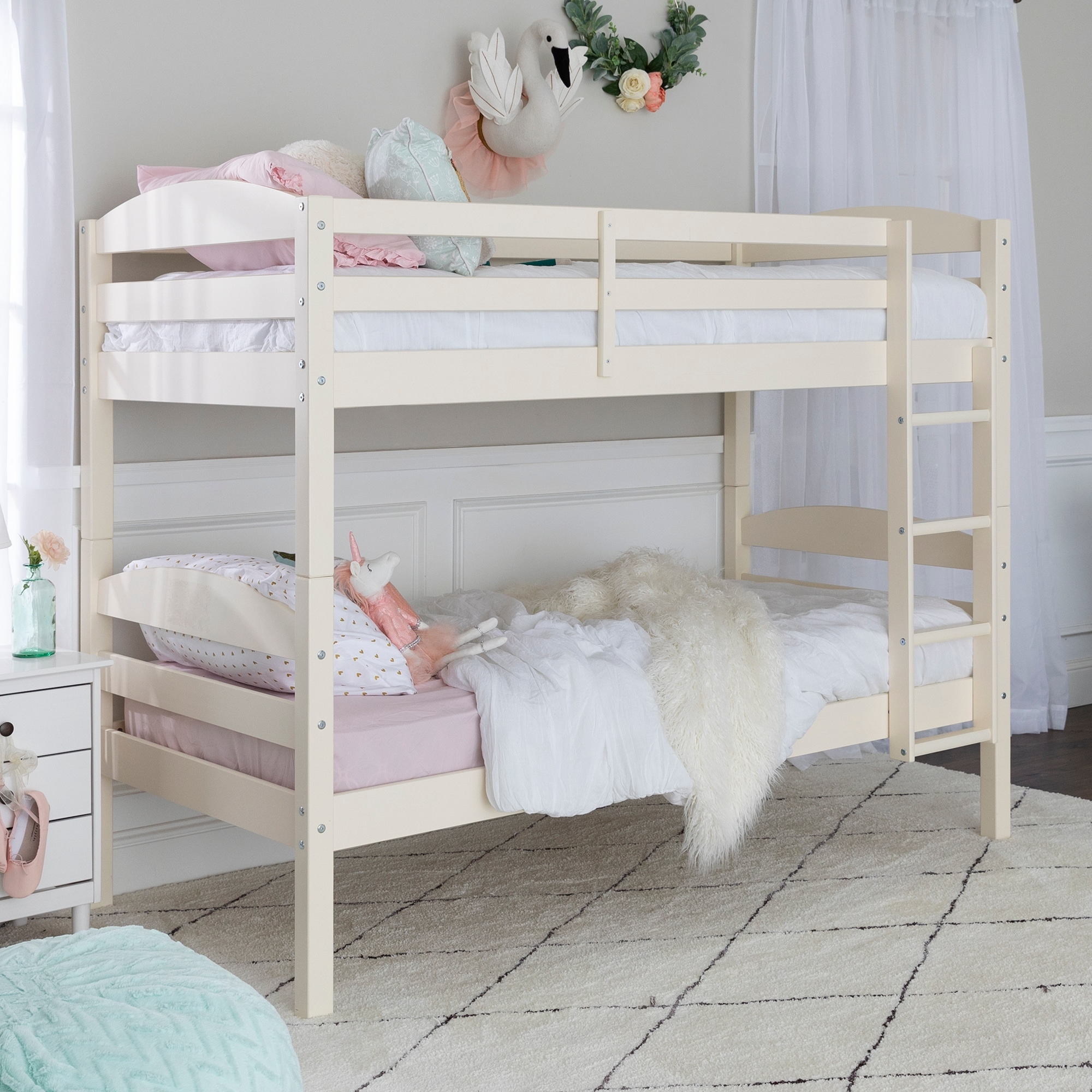 white wooden bunk beds with stairs