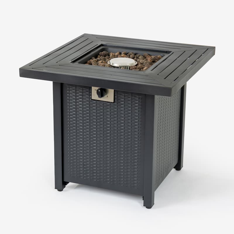 Anmytek Propane Fire Pit Table Outdoor Wicker Style Patio Heater with Lava Rocks Black Backyard Deck