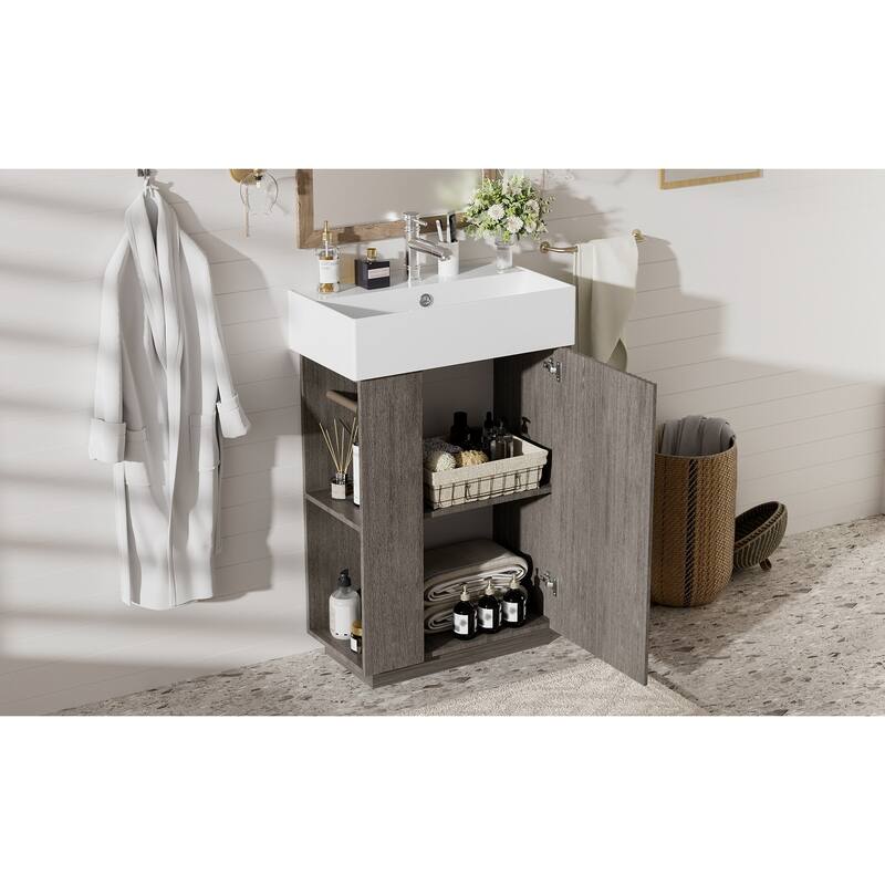 GDFStudio - Malisa Rustic 21.6" Freestanding Wood Grain Cabinet Bathroom Vanity with Ceramic Sink, Door & Storage