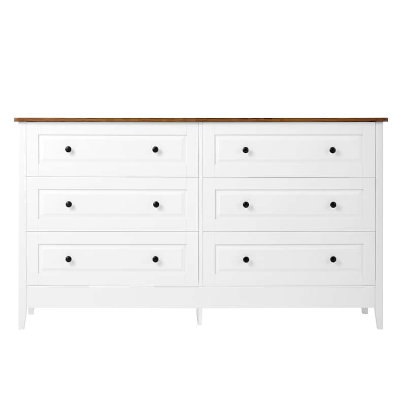 White Wooden Dresser – 6-Drawer Storage Chest with Wide Drawers & Metal Handles for Bedroom or Entryway‌