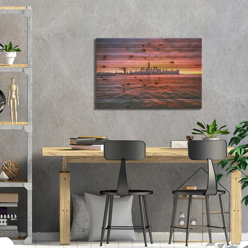 Manhattan Skyline At Sunrise Print On Wood by Jan Becke - Multi-Color