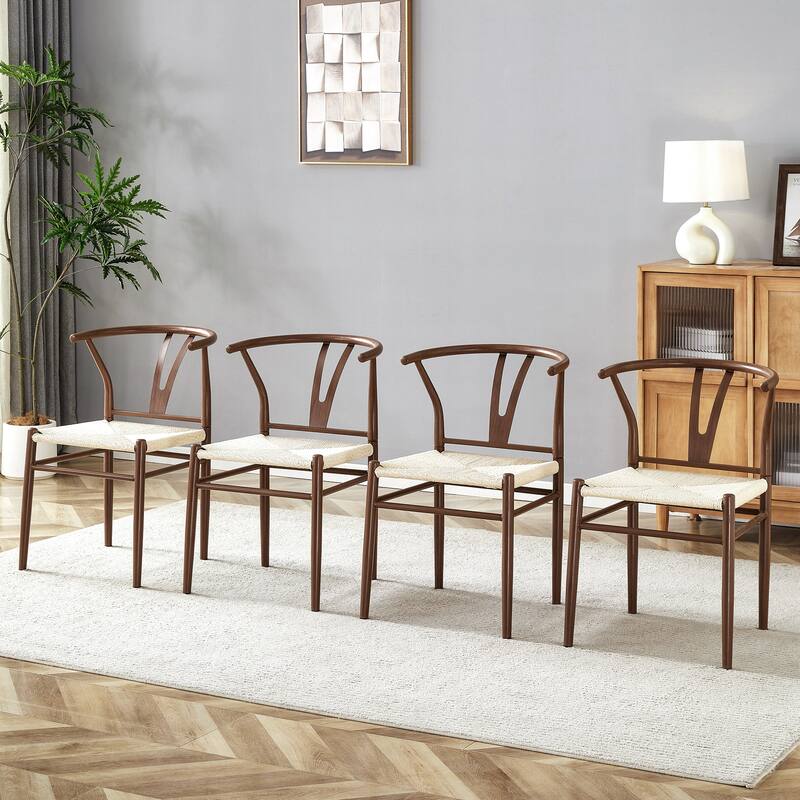 Y-shaped Medieval Style Armchair for Dining Table, Woven Seat (Set of 4)