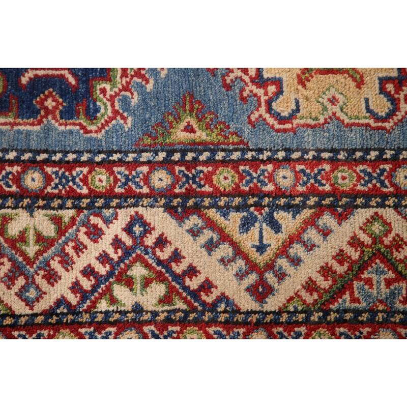 Blue Geometric Kazak Runner Rug Hand-Knotted Wool Carpet - 2'9" x 11'3"