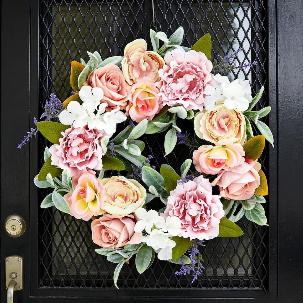 20" Spring Decor Peony Wreath for Home Wall Porch Wedding with Roses Lanvender and Rabbit Ear Leaves