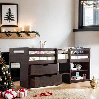 Twin Size Loft Bed With Two Shelves And Two Drawers