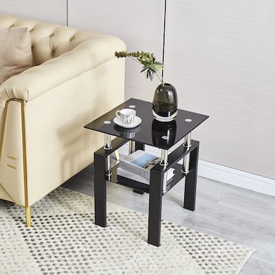 Sleek Black Tempered Glass End Table – Dual-Layer Storage Side Table for Living Rooms‌