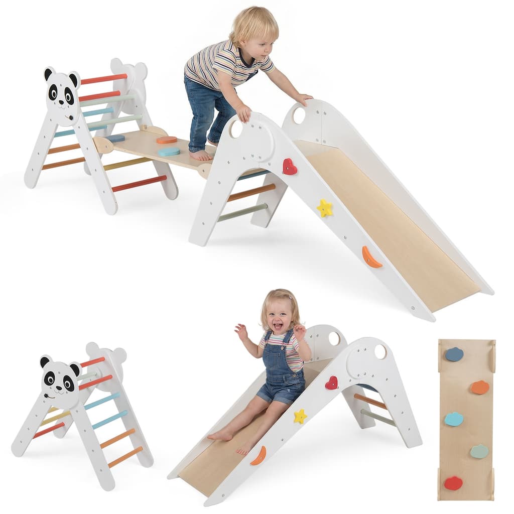 Gymax Panda-Themed Wood Montessori Climbing Set w/Slide Ramp Ladder &
