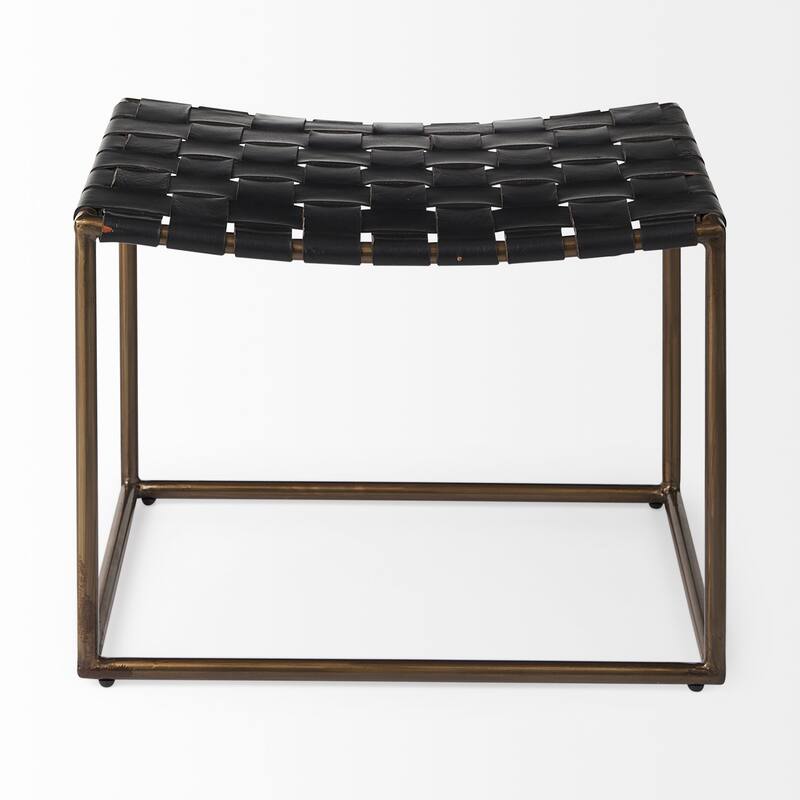 Clarissa Black Woven Genuine Leather Seat w/Gold Metal Frame Stool - 22.0L x 16.0W x 16.5H