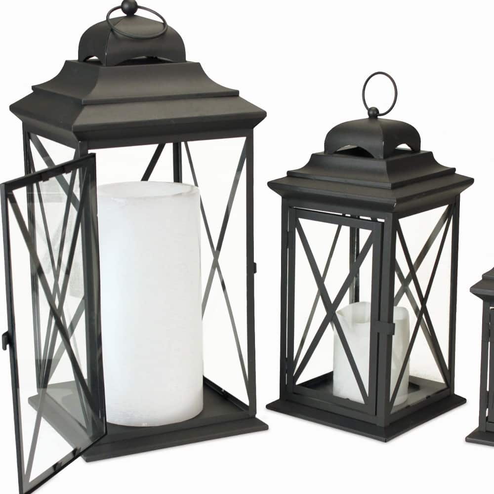 HomeRoots Set Of Three Black Flameless Floor Lantern Candle Holder 12