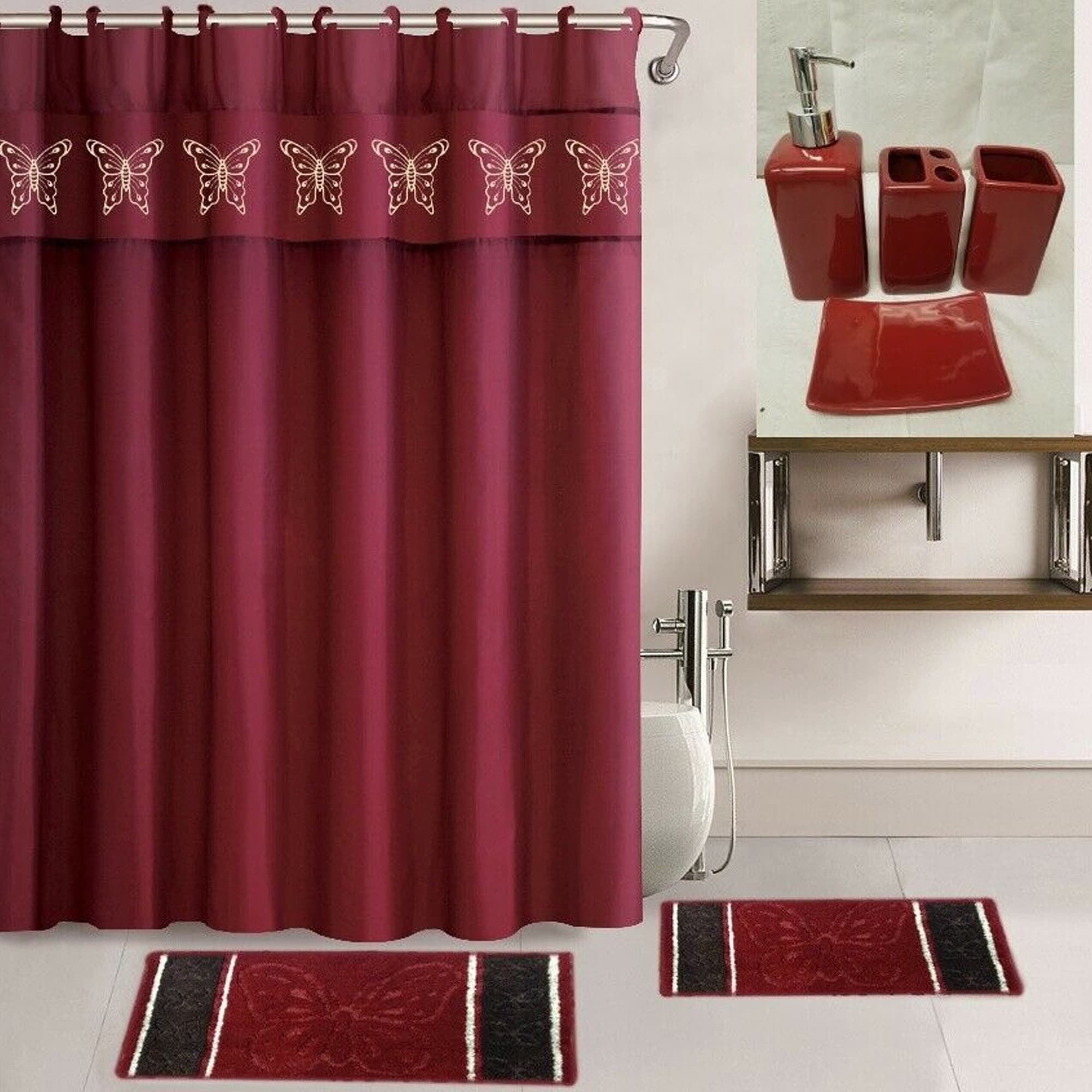 ALL SEASONS 19PC BATHROOM SET SHOWER CURTAIN HOOKS MATS SOLID CERAMIC ACCESORIES 