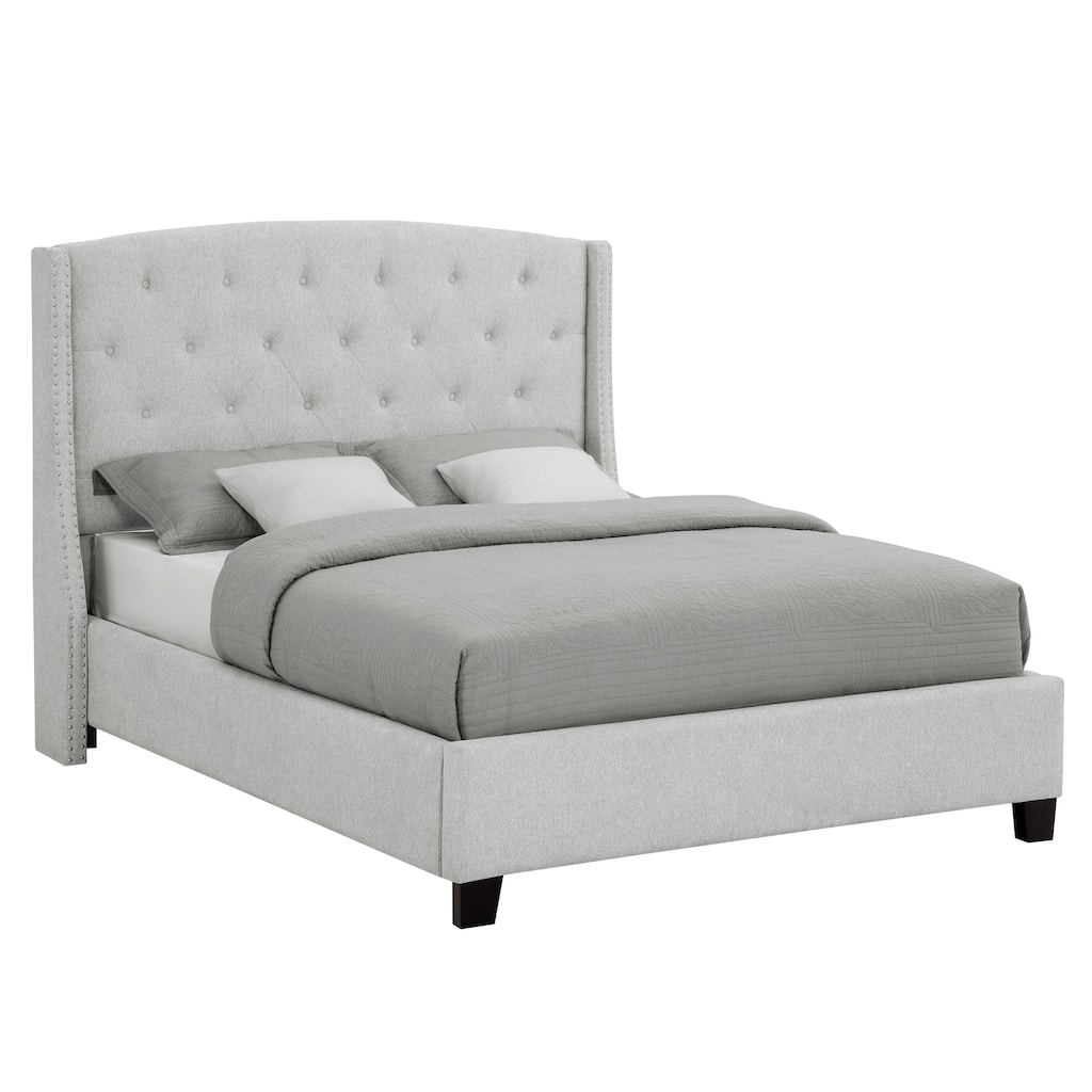 Queen Size Upholstered Panel Bed with Button Tufted Headboard, Dove Gray, Wood Fabric