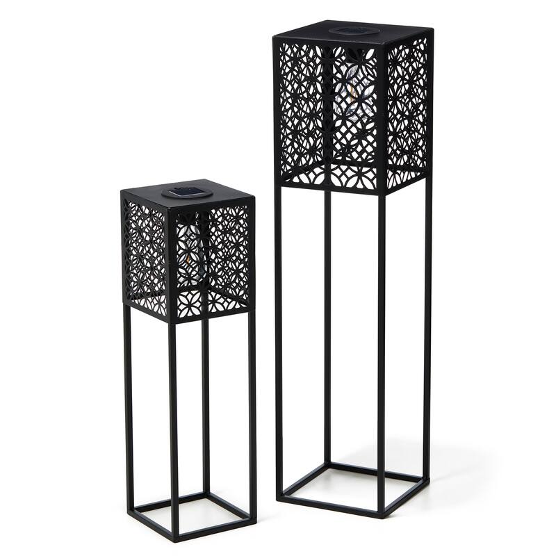 Glitzhome Set of 2 Black Metal Cutout Pattern Solar Powered Edison Bulb Outdoor Floor Lantern or Planter Stands