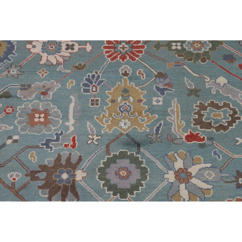 Floral Blue Oushak Oriental Area Rug Hand-Knotted Wool Carpet - 8'1"x 9'11"