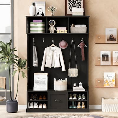 Modern Hall Tree Cabinet with Adjustable Shelves, Storage Cabinet Coat Rack with Spacious Drawer & Bench